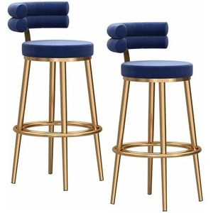 Luxe gestoffeerde moderne set van 2 barstoelen met rugleuning, barkruk van zacht fluweel met gouden metalen standaard