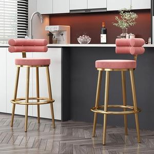 Luxe groen/roze barkrukken set van 2 fluwelen stoelen op tegenhoogte met rugleuning gestoffeerde keukenkrukken moderne barkrukken voor ontbijt/eetkamer/woonkamer