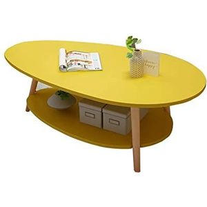 Prachtige Scandinavische bijzettafel, houten banktafel 2-laags opbergtafel voor woonkamer Eenvoudig te monteren ovale salontafels 90 x 50 x 45 cm (afmetingen: 90 x 50 x 42 cm, kleur: geel)