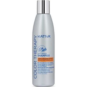 KATIVA Kleurtherapie, anti-brasstherapie, 250 ml, blauwe shampoo, anti-sinaasappeleffect, karité, kokosnoot en citrusvruchten, zonder zout, sulfaten en parabenen, lichtbruin of donker haar