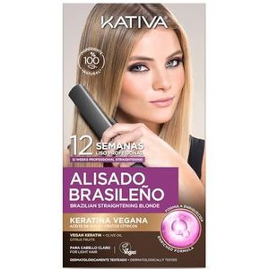 Kativa Braziliaanse stijlset voor geverfd of met strengen blond haar, nieuwe formule met veganistische keratine, professionele gladmakende behandeling thuis, tot 12 weken, eenvoudig te gebruiken