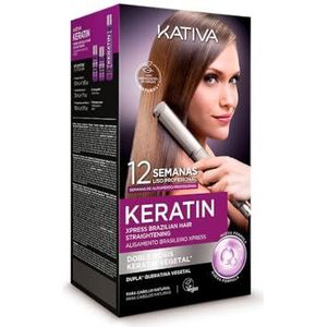 Kativa Keratine Xpress Braziliaanse gladmakende set, nieuwe formule met dubbele keratine, professionele gladmakende behandeling thuis, tot 12 weken duur, gladmaken met plantaardige keratine