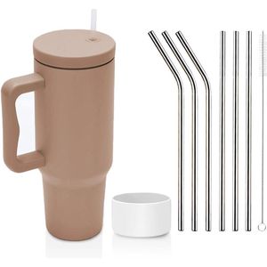 Lekvrij, dubbelwandige, roestvrijstalen vacuüm-isolatiebeker met handvat, 1200 ml, met handvat, voor op reis, autobeker, thermobeker met rietje van roestvrij staal, 1200 ml