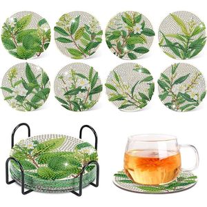 Diamond Painting onderzetters, 8 stuks doe-het-zelf diamond onderzetters met houder, decoratieve houten onderzetters met diamond painting kit voor volwassenen, kinderen, beginners