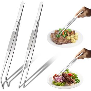 2 stuks kookpincetten, 30 cm keukenpincet, roestvrij stalen vleespincet, lang pincet, stabiel keukenpincet, braadpincet, grillpincet voor koken, bakken, grillserveren (rechte punt en gebogen)