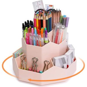 Lvjkes Bureau-organizer, 360 graden draaibaar, bureau-organizer, 9 vakken, grote capaciteit, en afneembaar, voor kleurpotloden en verschillende schrijfwaren (roze