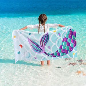 Zeemeerminstaart strandhanddoek, 76 x 150 cm, zeemeermin, polyester, campinghanddoeken voor meisjes en kinderen, sneldrogend, zeer absorberend, superzacht, stranddeken