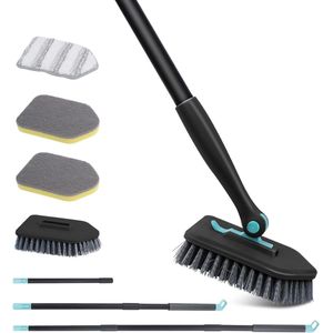 3-in-1 reinigingsborstel badkamer schrobborstel 128 cm lange steel met 4 verwisselbare borstels, 180 graden draaibare afneembare schrobber met steel voor vloer, toilet, badkamer en muur (2)