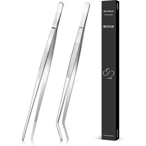 30 cm kookpincet en gebogen pincet, nauwkeurig gekartelde punten, professioneel roestvrijstalen keukengereedschap voor grillen, plateren en serveren