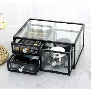 Moongoods make-up organizer van glas met zwart frame - beautycase - cosmetica organizer - organizer make up - sieradendoos - sieraden organizer - cosmetica organizer groot - Opbergdoos met 3 lades - Cosmetica opberger - Glazen box