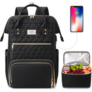 Rugzak, school en laptoprugzak, 15,6 inch met geïsoleerde koeltas, waterdichte koelrugzak met USB-oplaadaansluiting, koeltas, lunchtas voor ideaal voor dames en heren, reizen, werk en school, zwart en goud