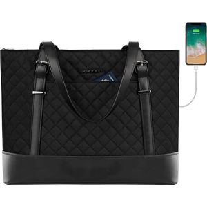 Laptop dameshandtas Shopper 15,6 inch Stijlvolle schoudertas Waterafstotende grote reisboodschappentas met RFID-vakken voor werk/zakelijk/universiteit/vrouwen, zwart (zwart gewatteerd), elegant