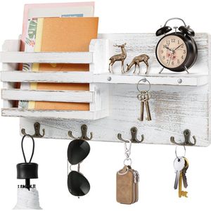 houten wandorganizer, sleutelhouder met magneetophanging, sleutelhouder met 4 dubbele sleutelhaken, voor entree, modderkamer, hal, slaapkamer, woonkamer, zwart (antiek wit)