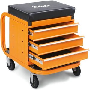 Werkplaatsstoel met Laden - Ladezitting - Werkplaatsrolkruk (3 Laden met Telescopische Geleiders, Opbergvak voor Gereedschap, 4 Wielen, Totale Hoogte: 450 cm) - Oranje