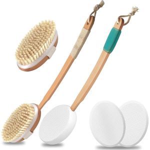 Rugborstel met lang handvat, crèmehulpmiddel voor de rug met 2 applicatorpads, doucheborstel met natuurlijke haren, lichaamsborstel, rugcrème, badborstel voor exfoliatie, massage, lotion, crème