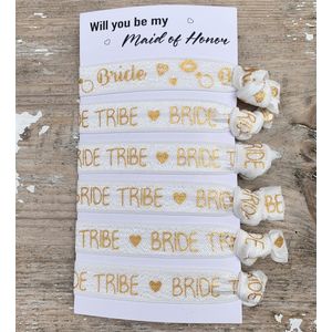 Armbanden Bride en Bride Tribe 6 stuks wit met goud - bride to be - vrijgezellenfeest - armband - haarelastiek - vrijgezellenavond - bruid - bride tribe