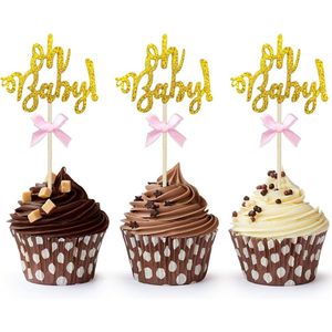 Cupcake prikkers Oh Baby goud glitter met een roze strikje 12 stuks - cupcake - oh baby - babyshower - genderreveal - geboorte
