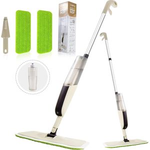 Spuitwisser voor vloerreiniging, vloerwisser met sproeifunctie, watersproeiwisser met waterreservoir en 2 wasbare vervanghoezen, sproeimop met sproeikop voor thuiskeuken (grijs-groen)