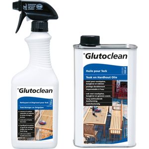 Glutoclean Teak en Hardhout onderhoudset - 750 ml reiniger en ontgrijzer - 1 liter olie - kleurherstellend - langdurige bescherming