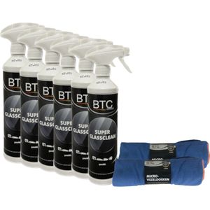 BTC-Line glasreiniger - 6 flessen - met 10 microvezeldoeken - ramen, spiegels, aanrecht, kookplaat - 500 ml