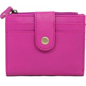 Paars/roze portemonnee van leer - lederen portefeuille in het fel paars/roze - 10 x 13 cm - ritsvak en drukknoop - ruimte voor min 8 passen - STUDIO Ivana