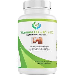 Halal Vitamine D3, k1 & k2 - Vitamine D volwassenen - 90 Capsules - Supplement - Biologisch - Vegetarisch - 90 Capsules