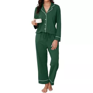 Leversic Pyjama voor dames, lang, geruit, tweedelige pyjamaset, ronde hals, bovendeel en pyjamabroek, loungewear, huispak, katoenen nachtkleding, S