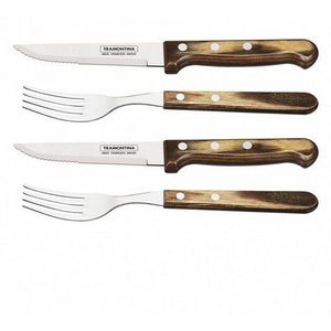 Tramontina Steakbestek Gaucho, 4-delig, met 2 steakmessen en 2 steakvorken, roestvrij staal, echt houten handvat, FSC
