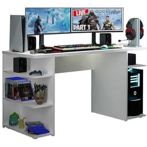MADESA Modern Gaming Bureau met 5 planken, Kabelmanagement en Grote Monitorstandaard, Hout, 136 x 60 x 75 cm - Wit
