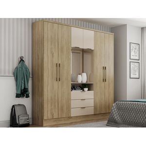 Kast met 6 deuren en 3 lades - Met spiegel - L180 cm - Kleur: naturel en beige - ELORIO