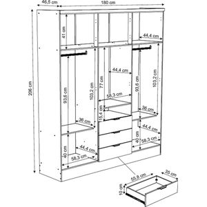 Kast met 6 deuren en 3 lades - Met spiegel - L180 cm - Kleur: wit - ELORIO L 180 cm x H 206 cm x D 46.5 cm