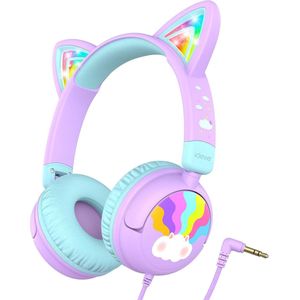 StayPowered Kinderheadset - Veilig, Stijlvol en Speels met Led-Verlichte Kattenoren! - Comfortabel en Verstelbaar - Compact Design - Inklapbaar - Zachte Oorkussens - 3.5mm Jack - Brede Compatibiliteit - Blauw/Paars - Levering Sneller dan Aangegeven!