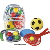 Camping Sportset in Tas - Boemerang, een frisbee, een tennisset (2 rackets ø 21 cm met bal) en een zachte bal