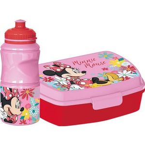 Disney Drinkfles en sandwichbox, roze, voor kinderen, van kunststof, Minnie met antislipband en veiligheidssluiting, 380 ml