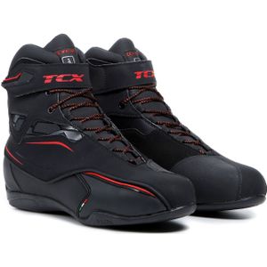 TCX Zeta Waterdichte Tcx Motorschoenen voor heren, sportief, waterdicht, voor stadsgebruik, bovenmateriaal van microvezel, vetersluiting en klittenbandsluiting voor heren, zwart en rood.