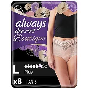 Always Discreet Boutique incontinentieslipje maat L (44-54) (8 broeken) vrouwelijk design en betrouwbare bescherming bij zwakte blaasjes, lekbescherming en OdourLock-technologie