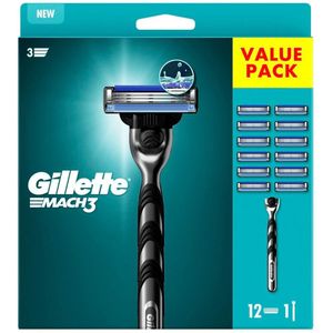 Gillette Mach3 scheerapparaat voor heren, 12 stalen messen voor nauwkeurig snijden en tot 15 scheerbeurten per lemmet