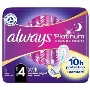 Always Platinum Secure Night, 7 maandverband met vleugels, maat 4, zeer sterk vloeiend, 5 maten, zacht en flexibel ontwerp, dermatologisch getest