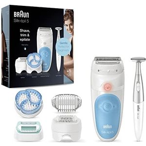 Braun Silk-épil 5 Epilator voor dames, voor ontharing/haarverwijderaar, incl. bikinitrimmer (haartrimmer intieme zone), trimmer en massage voor lichaam, 5-815, wit/blauw