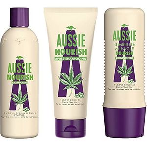 Aussie Nourish Shampoo 300 ml, conditioner 200 ml en voedende verzorging 250 ml, voor droog en droog haar, met extract van hennepzaad, voedt en beschermt je haar