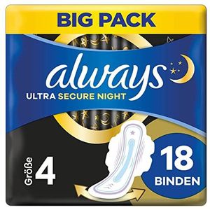 Always Ultra Binden dames maat 4, Secure Night (18 maandverband met vleugels) Big Pack, dun en super absorberend, geurneutraliserend en lekbescherming