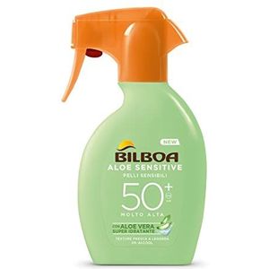 Bilboa, Zonwering voor lichaam, aloë gevoelig, trigger, SPF 50+, hoge zonnespray voor de gevoelige huid, formule met aloë vera, beschermt en hydrateert de gevoelige huid, alcoholvrij, waterbestendig, 250 ml