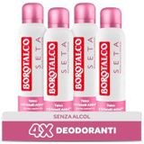 Borotalco, Deospray zijde met actieve kristallen talk, drievoudige droge bescherming, zonder alcohol, talkgeur en roze bloemen, 48 uur effectiviteit – 4 stuks à 150 ml – exclusief Amazon