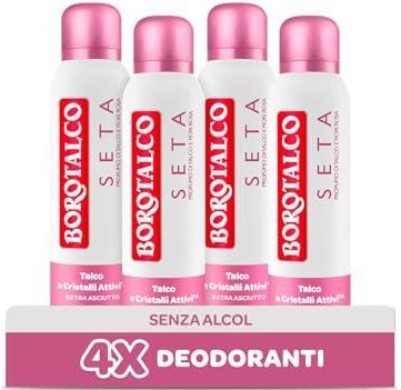 Borotalco, Deospray zijde met actieve kristallen talk, drievoudige droge bescherming, zonder alcohol, talkgeur en roze bloemen, 48 uur effectiviteit – 4 stuks à 150 ml – exclusief Amazon