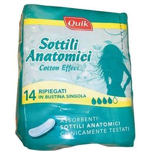 Quik Dermatologisch geteste, dunne maandverband van katoen, anatomisch, 14 stuks, gevouwen in een zakje