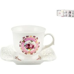 Royal Norfolk 725388 Kaffeetassen-Set mit Untertasse, Porzellan, Blumendeko, Rosa, 6 Stück