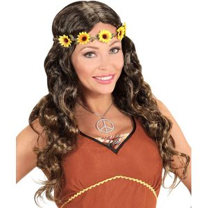 Hippie 60S Pruik Bruin Met Zonnebloemen Haarband