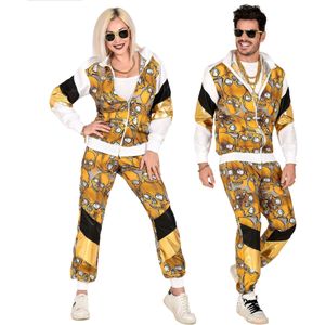 Widmann - Jaren 80-kostuum - trainingspak - doodskop - oplichtend onder UV-licht - zwart en goud - jas & broek - trainingspak - retro - bad - carnaval, Meerkleurig