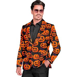 Widmann - Pompoenjas voor heren, zwart met pompoengezichten, licht op onder uv-licht, Halloween-verkleedkleding