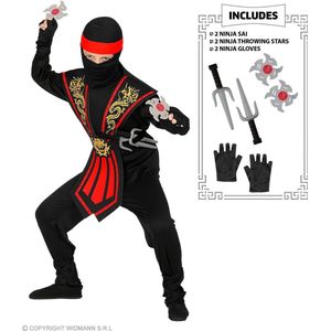 Widmann - Kinderkostuum Ninja met wapenset, zwart - rood, vechter, krijger, Japan, themafeest, carnaval